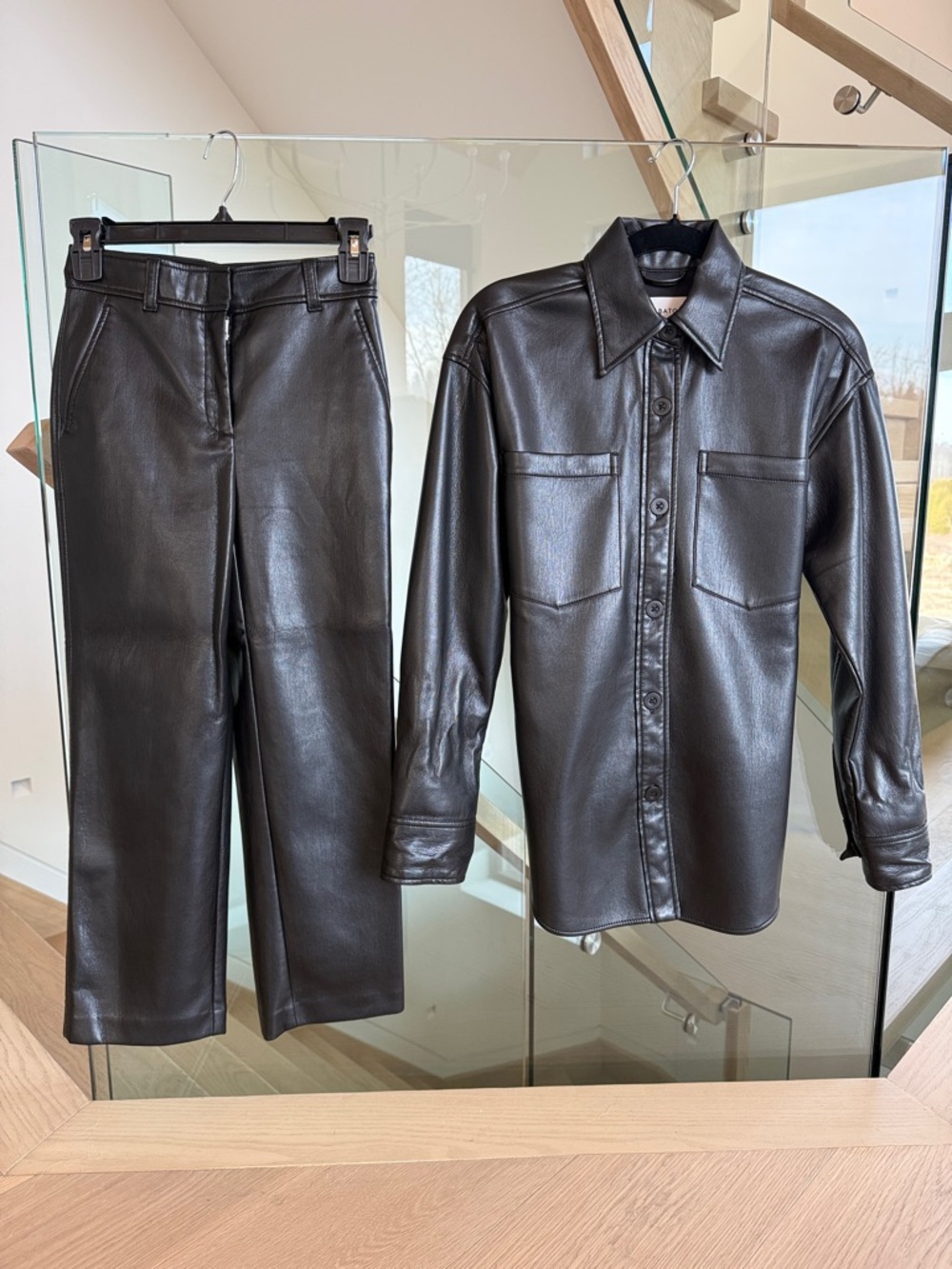 Sleek Black Vegan Leather Babaton Shirt/Jacket w/ Pants SET Rare Find!!